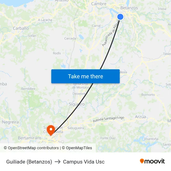 Guiliade (Betanzos) to Campus Vida Usc map