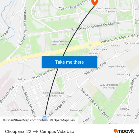 Choupana, 22 to Campus Vida Usc map