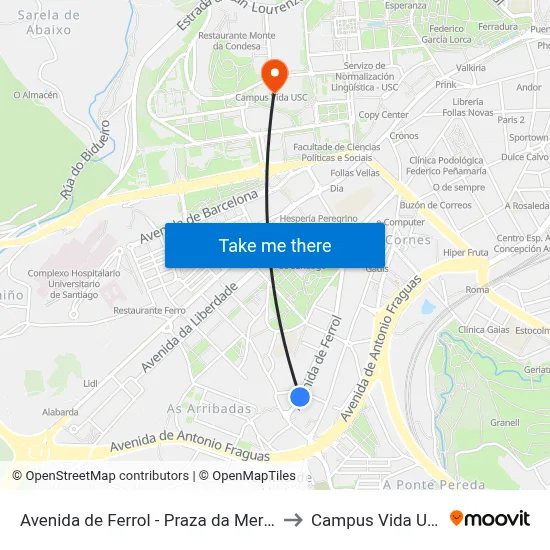 Avenida de Ferrol - Praza da Mercé to Campus Vida Usc map