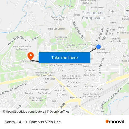 Senra, 14 to Campus Vida Usc map