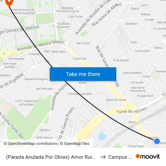 (Parada Anulada Por Obras) Amor Ruibal - Instituto Pontepedriña to Campus Vida Usc map