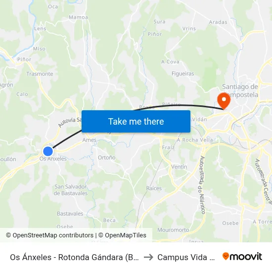 Os Ánxeles - Rotonda Gándara (Brión) to Campus Vida Usc map