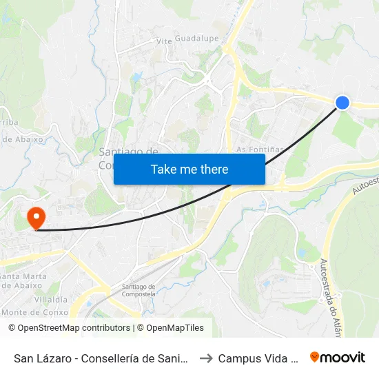 San Lázaro - Consellería de Sanidade to Campus Vida Usc map