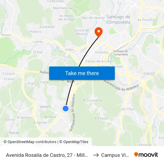 Avenida Rosalía de Castro, 27 - Milladoiro (Ames) to Campus Vida Usc map
