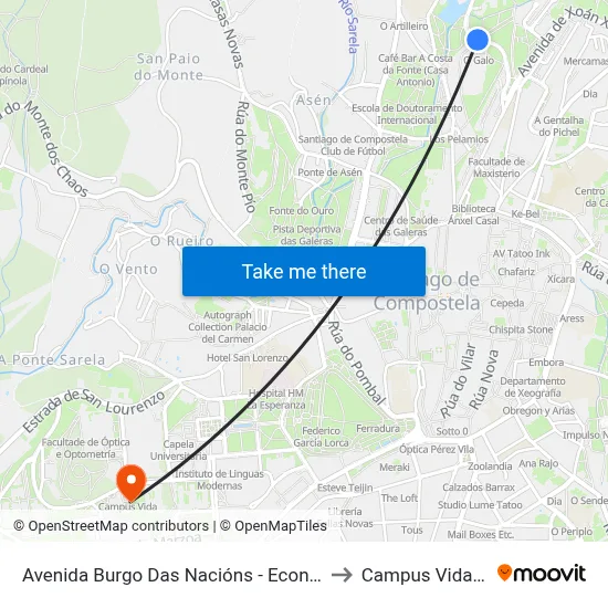 Avenida Burgo Das Nacións - Económicas to Campus Vida Usc map