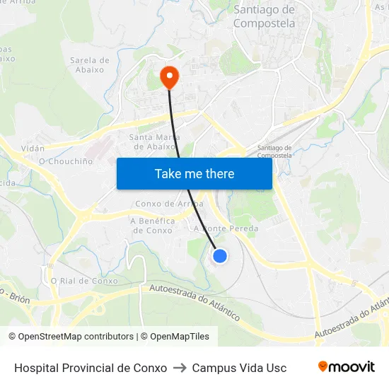 Hospital Provincial de Conxo to Campus Vida Usc map