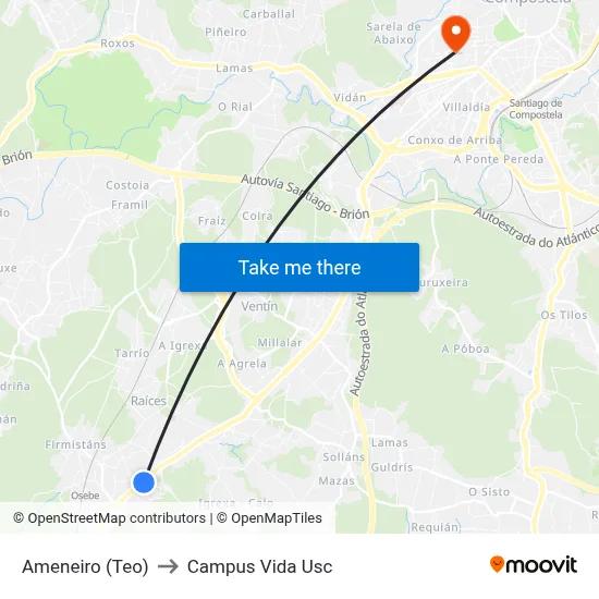 Ameneiro (Teo) to Campus Vida Usc map