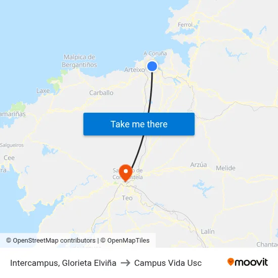 Intercampus, Glorieta Elviña to Campus Vida Usc map
