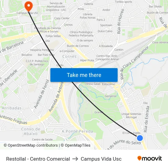 Restollal - Centro Comercial to Campus Vida Usc map