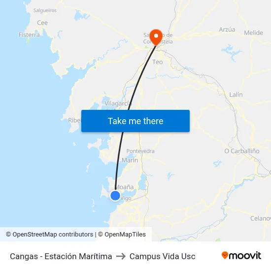 Cangas - Estación Marítima to Campus Vida Usc map