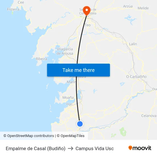 Empalme de Casal (Budiño) to Campus Vida Usc map