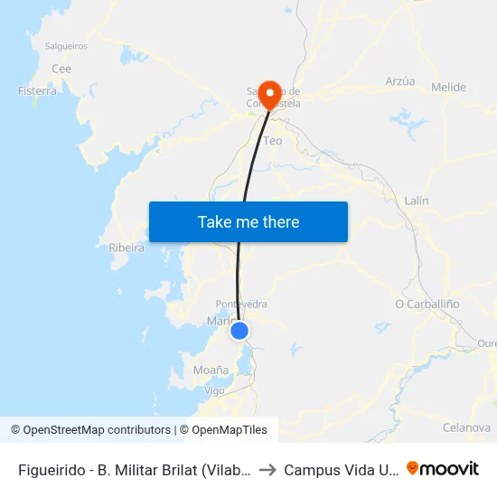 Figueirido - B. Militar Brilat (Vilaboa) to Campus Vida Usc map