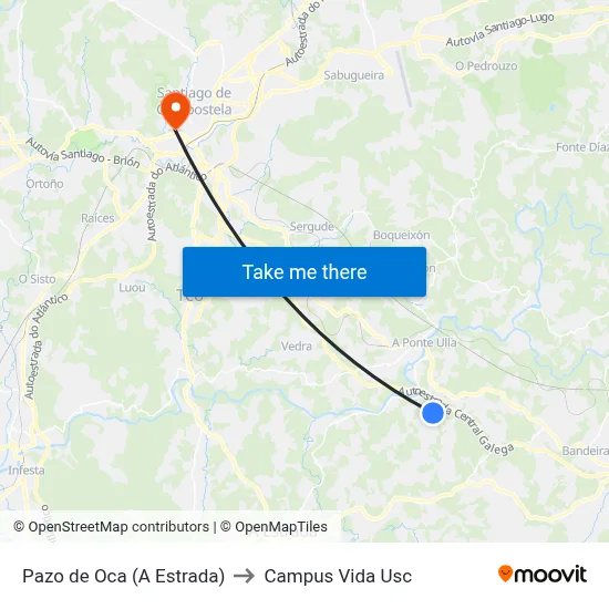 Pazo de Oca (A Estrada) to Campus Vida Usc map