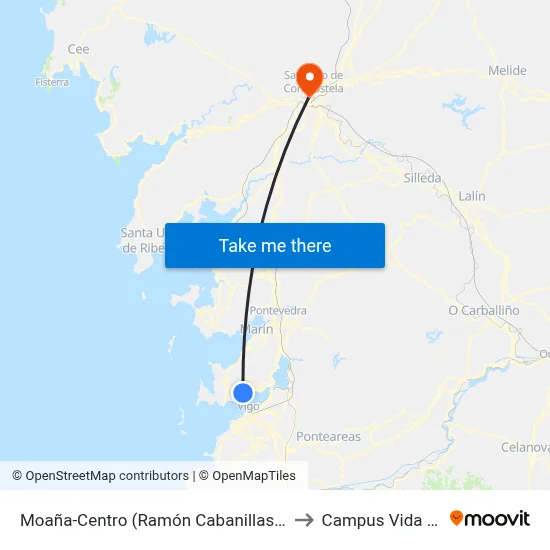 Moaña-Centro (Ramón Cabanillas, 185) to Campus Vida Usc map