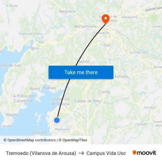 Tremoedo (Vilanova de Arousa) to Campus Vida Usc map