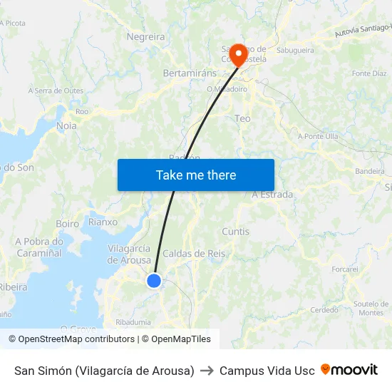 San Simón (Vilagarcía de Arousa) to Campus Vida Usc map