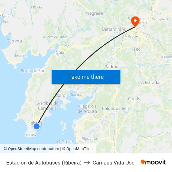 Estación de Autobuses (Ribeira) to Campus Vida Usc map