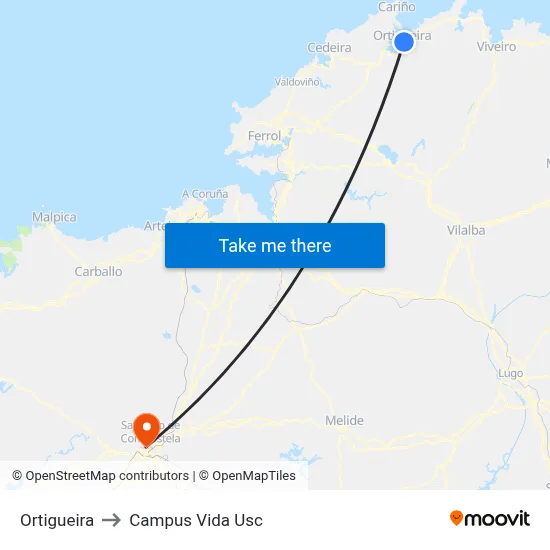 Ortigueira to Campus Vida Usc map