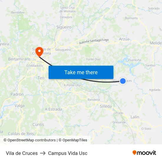 Vila de Cruces to Campus Vida Usc map