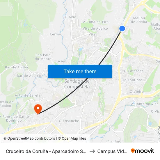 Cruceiro da Coruña - Aparcadoiro Salgueiriños to Campus Vida Usc map