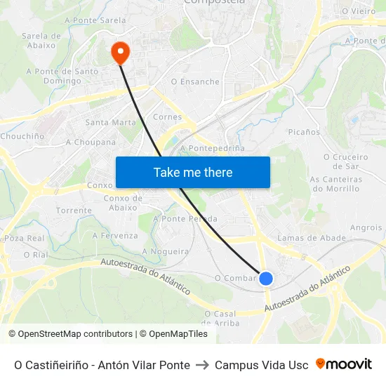O Castiñeiriño - Antón Vilar Ponte to Campus Vida Usc map