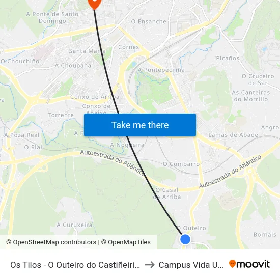 Os Tilos - O Outeiro do Castiñeiriño to Campus Vida Usc map
