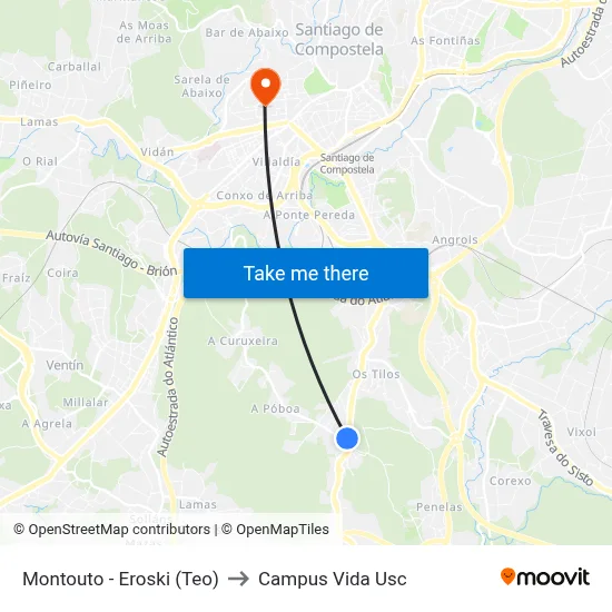 Montouto - Eroski (Teo) to Campus Vida Usc map