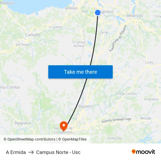 A Ermida to Campus Norte - Usc map