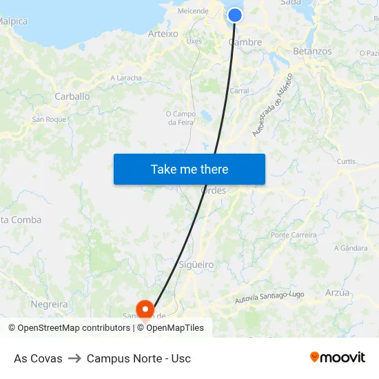 As Covas (Praia Bastiagueiro) to Campus Norte - Usc map