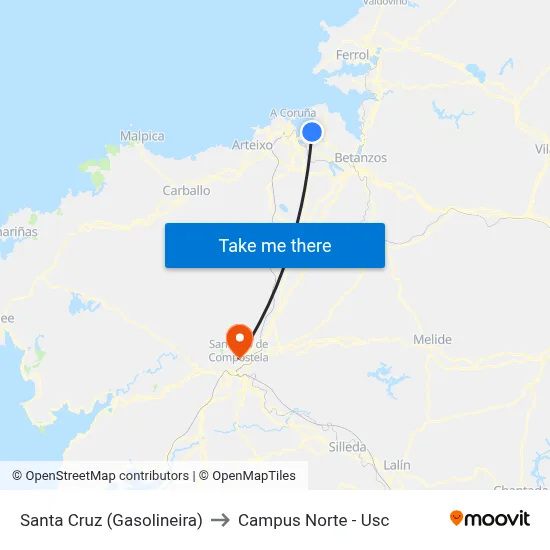Santa Cruz (Gasolineira) to Campus Norte - Usc map