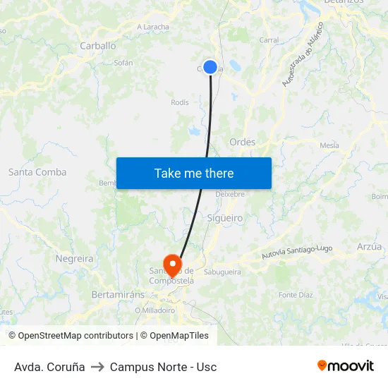 Avda. Coruña to Campus Norte - Usc map