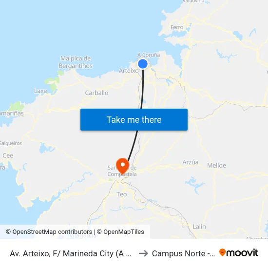 Av. Arteixo, F/ Marineda City (A Coruña) to Campus Norte - Usc map