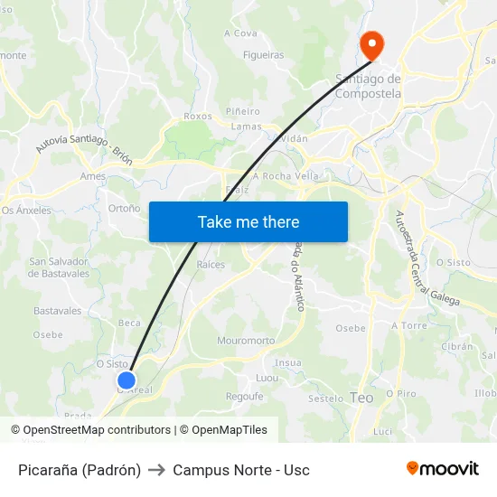 Picaraña (Padrón) to Campus Norte - Usc map