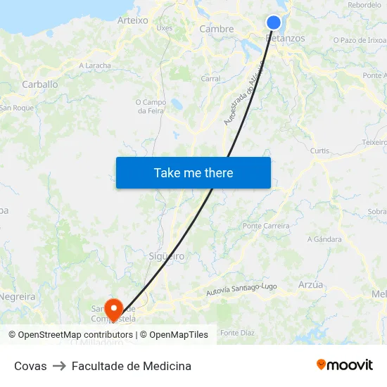 Covas to Facultade de Medicina map