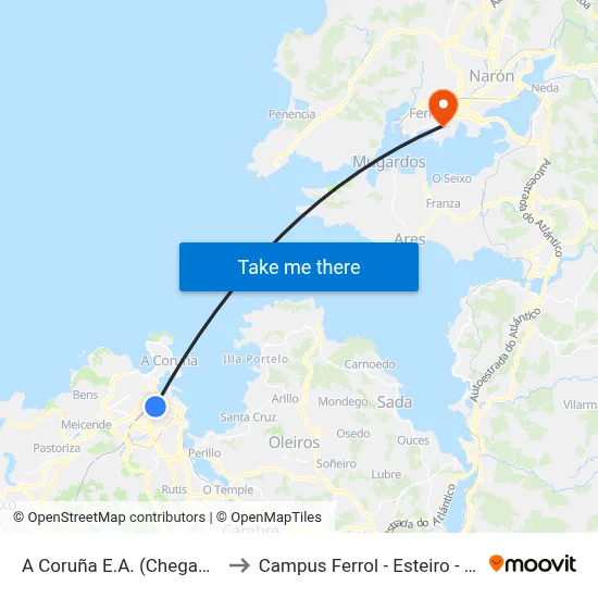 A Coruña E.A. (Chegadas) to Campus Ferrol - Esteiro - Udc map