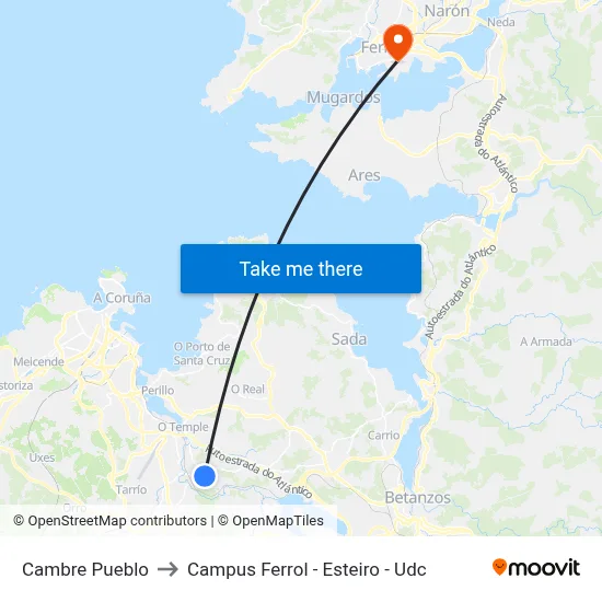 Cambre Pueblo to Campus Ferrol - Esteiro - Udc map