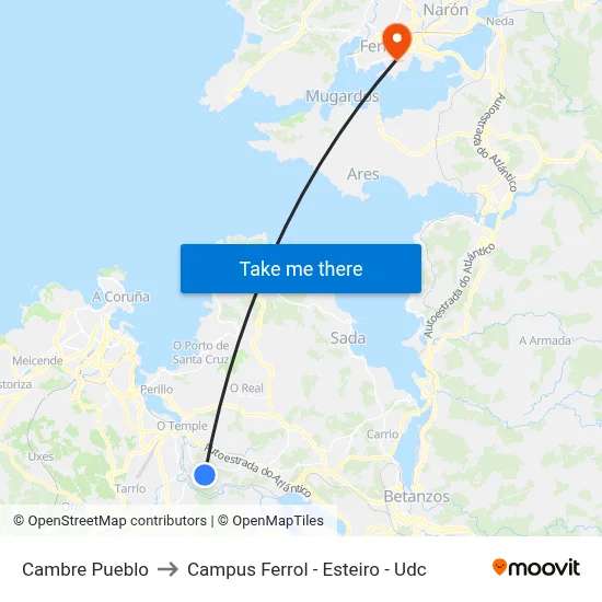 Cambre Pueblo to Campus Ferrol - Esteiro - Udc map