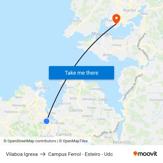 Vilaboa Igrexa to Campus Ferrol - Esteiro - Udc map