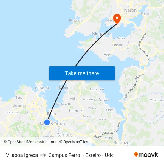 Vilaboa Igrexa to Campus Ferrol - Esteiro - Udc map