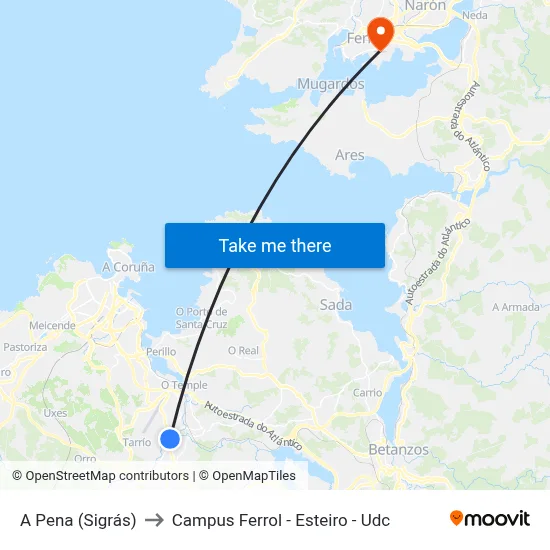 A Pena (Sigrás) to Campus Ferrol - Esteiro - Udc map