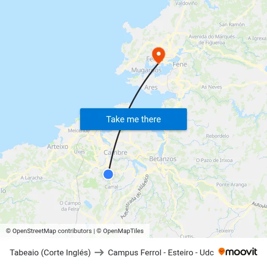 Tabeaio (Corte Inglés) to Campus Ferrol - Esteiro - Udc map