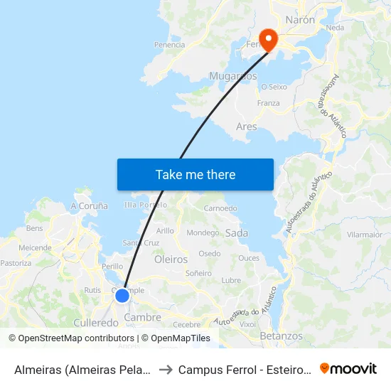 Almeiras (Almeiras Pelamios) to Campus Ferrol - Esteiro - Udc map