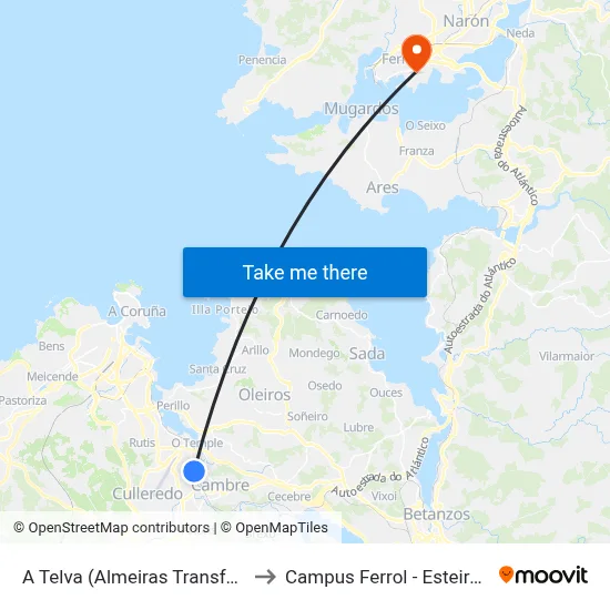 A Telva (Almeiras Transformad) to Campus Ferrol - Esteiro - Udc map