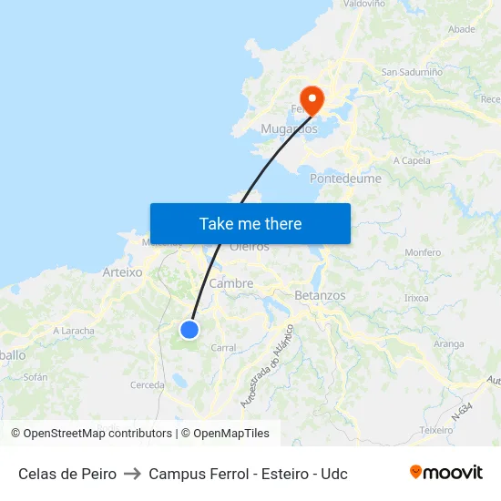 Celas de Peiro to Campus Ferrol - Esteiro - Udc map