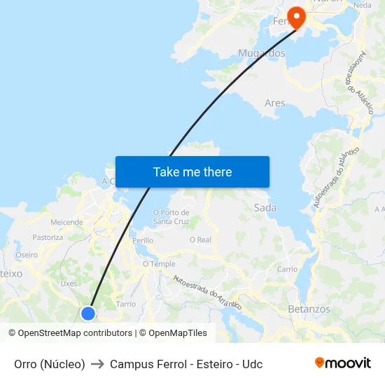 Orro (Núcleo) to Campus Ferrol - Esteiro - Udc map