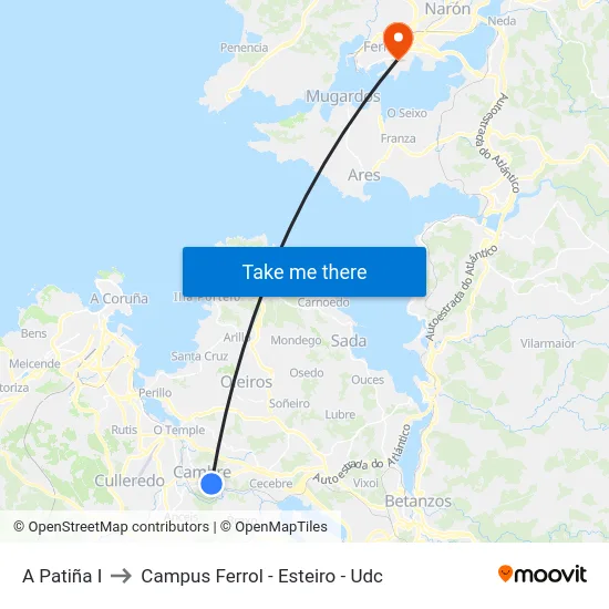 A Patiña I to Campus Ferrol - Esteiro - Udc map