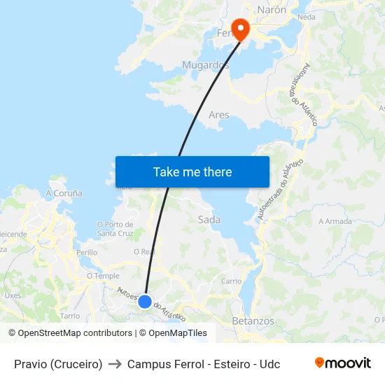 Pravio (Cruceiro) to Campus Ferrol - Esteiro - Udc map