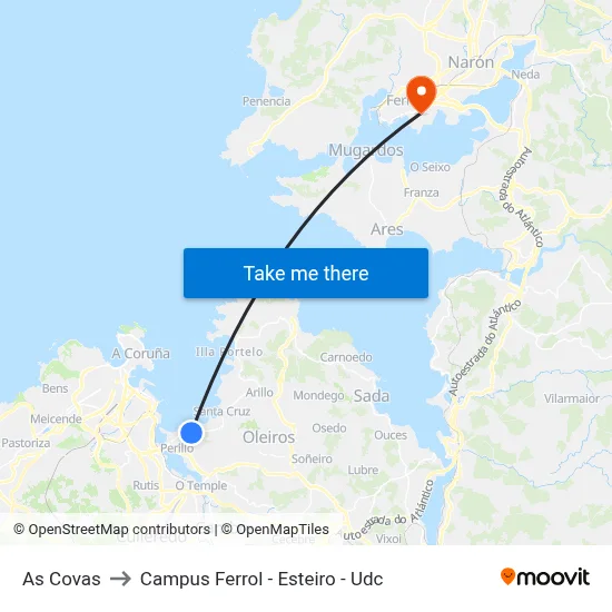 As Covas to Campus Ferrol - Esteiro - Udc map