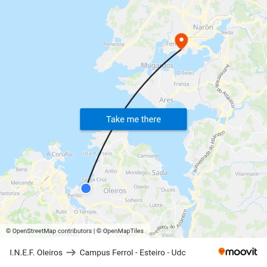 I.N.E.F. Oleiros to Campus Ferrol - Esteiro - Udc map