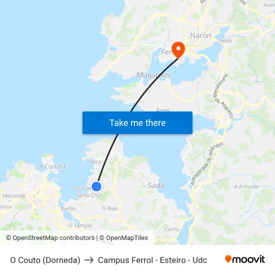 O Couto (Dorneda) to Campus Ferrol - Esteiro - Udc map
